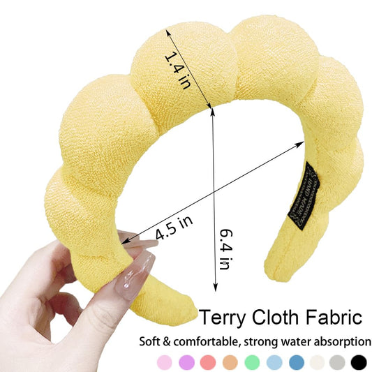 Spa Headbands for Washing Face or Makeup, Sponge Bubble Skincare Headbands, Puffy Terry Cloth Hairband for Women, Skin Care Makeup Headwear Hair Accessories for Girls (Yellow)