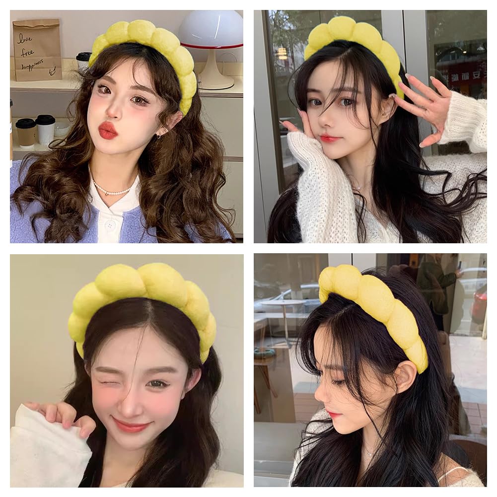 Spa Headbands for Washing Face or Makeup, Sponge Bubble Skincare Headbands, Puffy Terry Cloth Hairband for Women, Skin Care Makeup Headwear Hair Accessories for Girls (Yellow)