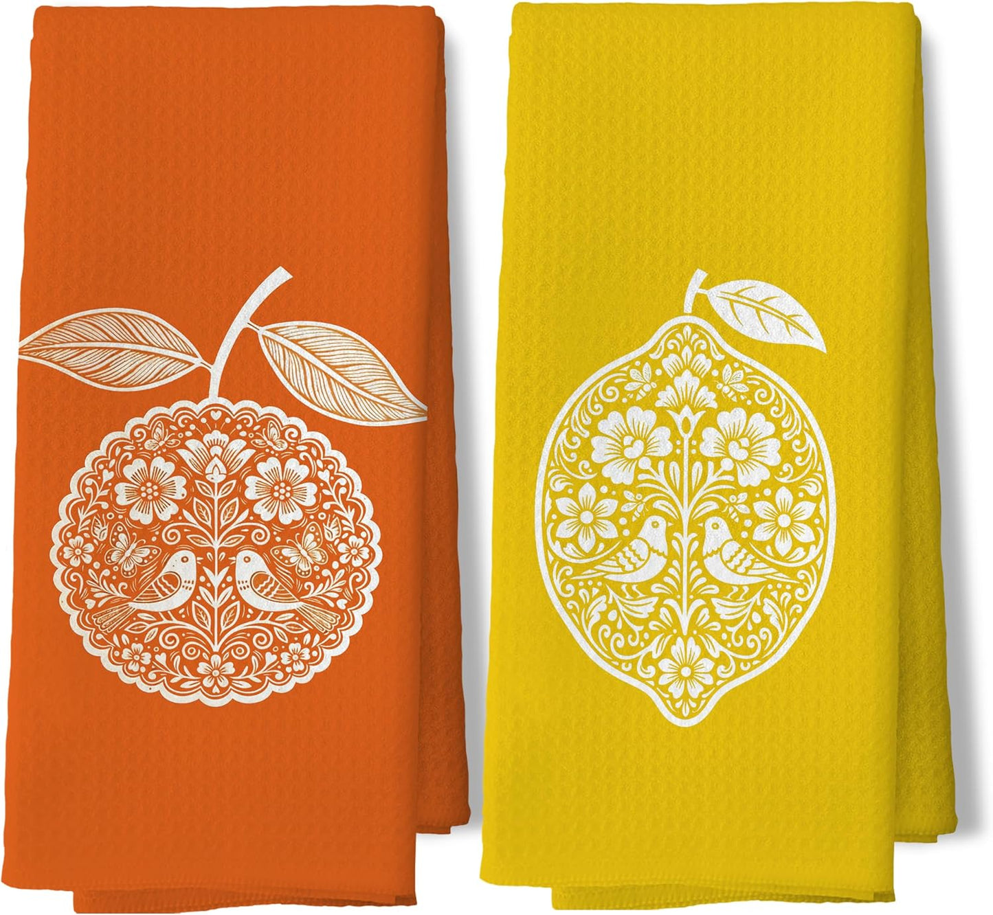 Orange Lemon Fruit Kitchen Towels 16x24 Inch Set of 2 | Boho Mandala Folk Art Citrus Fruits Dish Tea Hand Towels for Kitchen Bathroom Decor