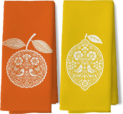 Orange Lemon Fruit Kitchen Towels 16x24 Inch Set of 2 | Boho Mandala Folk Art Citrus Fruits Dish Tea Hand Towels for Kitchen Bathroom Decor