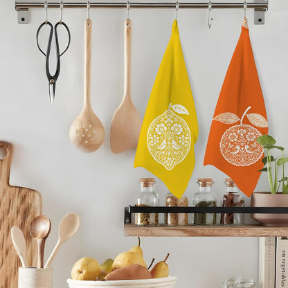 Orange Lemon Fruit Kitchen Towels 16x24 Inch Set of 2 | Boho Mandala Folk Art Citrus Fruits Dish Tea Hand Towels for Kitchen Bathroom Decor