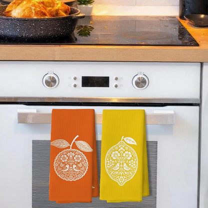Orange Lemon Fruit Kitchen Towels 16x24 Inch Set of 2 | Boho Mandala Folk Art Citrus Fruits Dish Tea Hand Towels for Kitchen Bathroom Decor