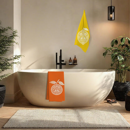 Orange Lemon Fruit Kitchen Towels 16x24 Inch Set of 2 | Boho Mandala Folk Art Citrus Fruits Dish Tea Hand Towels for Kitchen Bathroom Decor