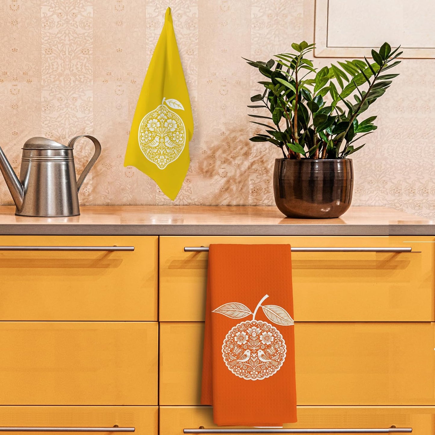 Orange Lemon Fruit Kitchen Towels 16x24 Inch Set of 2 | Boho Mandala Folk Art Citrus Fruits Dish Tea Hand Towels for Kitchen Bathroom Decor