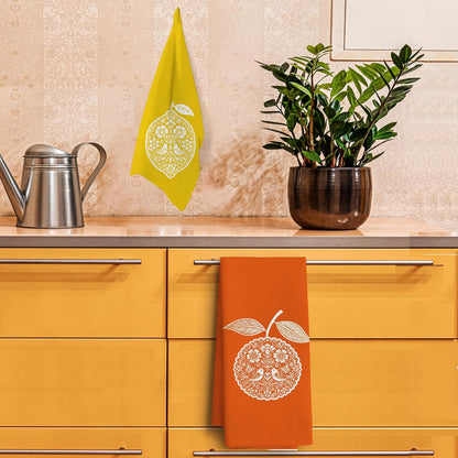 Orange Lemon Fruit Kitchen Towels 16x24 Inch Set of 2 | Boho Mandala Folk Art Citrus Fruits Dish Tea Hand Towels for Kitchen Bathroom Decor