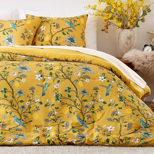 Bedding California King Size Comforter Set 3 Pieces,Yellow Vintage Botanical Floral Pattern Bed Comforter Sets,Boho Whimsical Modern Printed Design Cute Seersucker Bedroom Comforter and Shams
