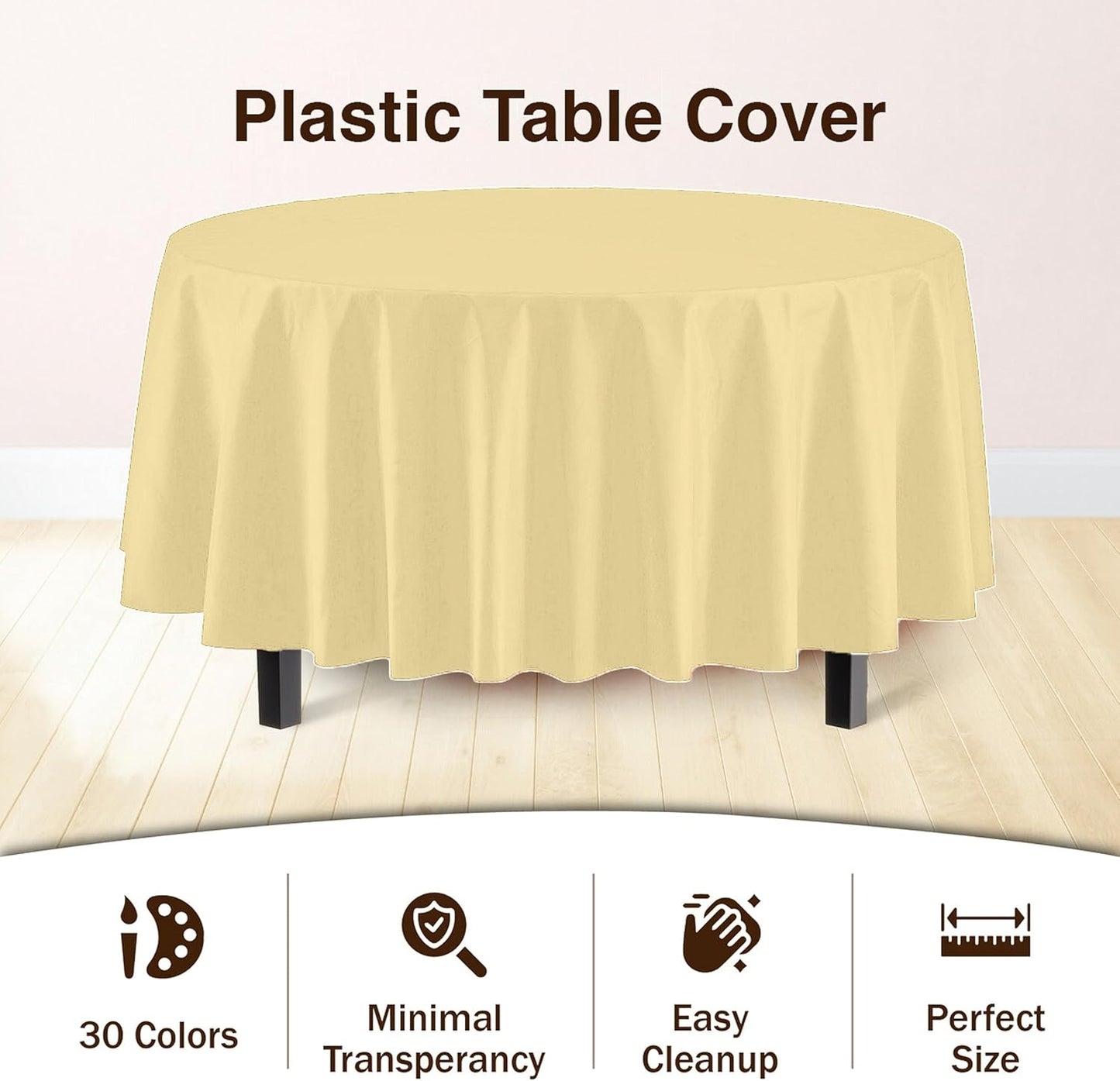 Party Solids 4-Pack Light Yellow Plastic Table Cloth - 84-Inch Round - Disposable Tablecloth for Parties and Picnics