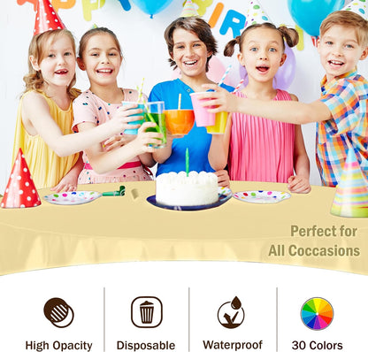 Party Solids 4-Pack Light Yellow Plastic Table Cloth - 84-Inch Round - Disposable Tablecloth for Parties and Picnics