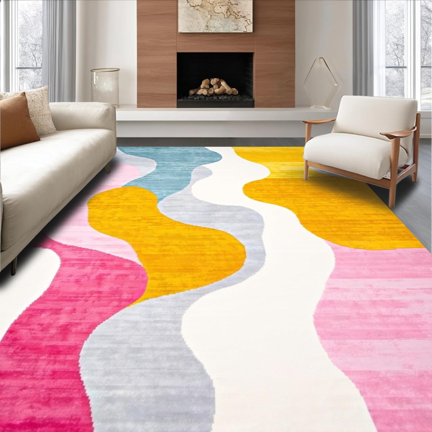 Flatwoven High Traffic Area Rug 5x7, Vivid Dreamscape Abstract Swirls Modern Artistic Design, Non Slip, Stain Resistant, Washable Area Rugs for Living Room, Bedroom (Yellow, 5x7)