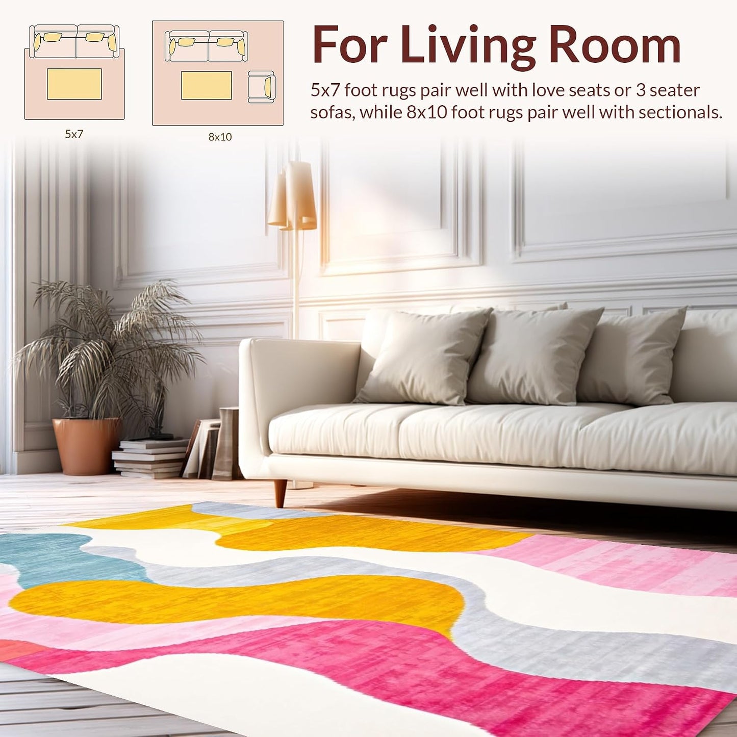 Flatwoven High Traffic Area Rug 5x7, Vivid Dreamscape Abstract Swirls Modern Artistic Design, Non Slip, Stain Resistant, Washable Area Rugs for Living Room, Bedroom (Yellow, 5x7)