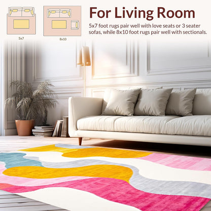 Flatwoven High Traffic Area Rug 5x7, Vivid Dreamscape Abstract Swirls Modern Artistic Design, Non Slip, Stain Resistant, Washable Area Rugs for Living Room, Bedroom (Yellow, 5x7)