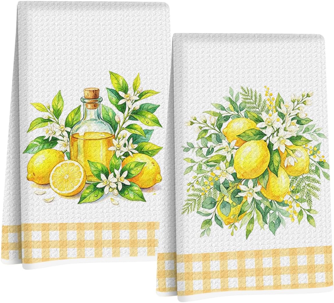 2 Pcs Summer Lemon Kitchen Towels 14x24 Inch, Lemon Floral Dish Towels Waffle Weave Hand Cloth Tea Towel for Home Kitchen Cooking Baking Bathroom Decor, Lemons Gifts for Women Me Mom
