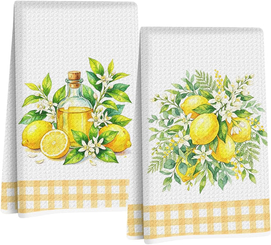 2 Pcs Summer Lemon Kitchen Towels 14x24 Inch, Lemon Floral Dish Towels Waffle Weave Hand Cloth Tea Towel for Home Kitchen Cooking Baking Bathroom Decor, Lemons Gifts for Women Me Mom