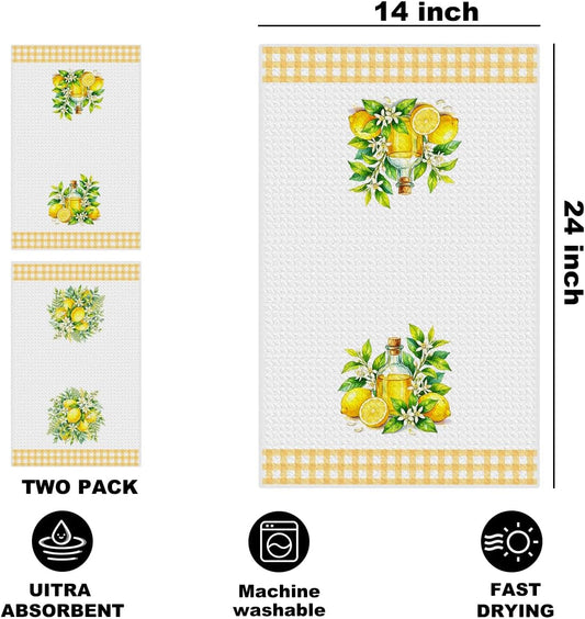 2 Pcs Summer Lemon Kitchen Towels 14x24 Inch, Lemon Floral Dish Towels Waffle Weave Hand Cloth Tea Towel for Home Kitchen Cooking Baking Bathroom Decor, Lemons Gifts for Women Me Mom