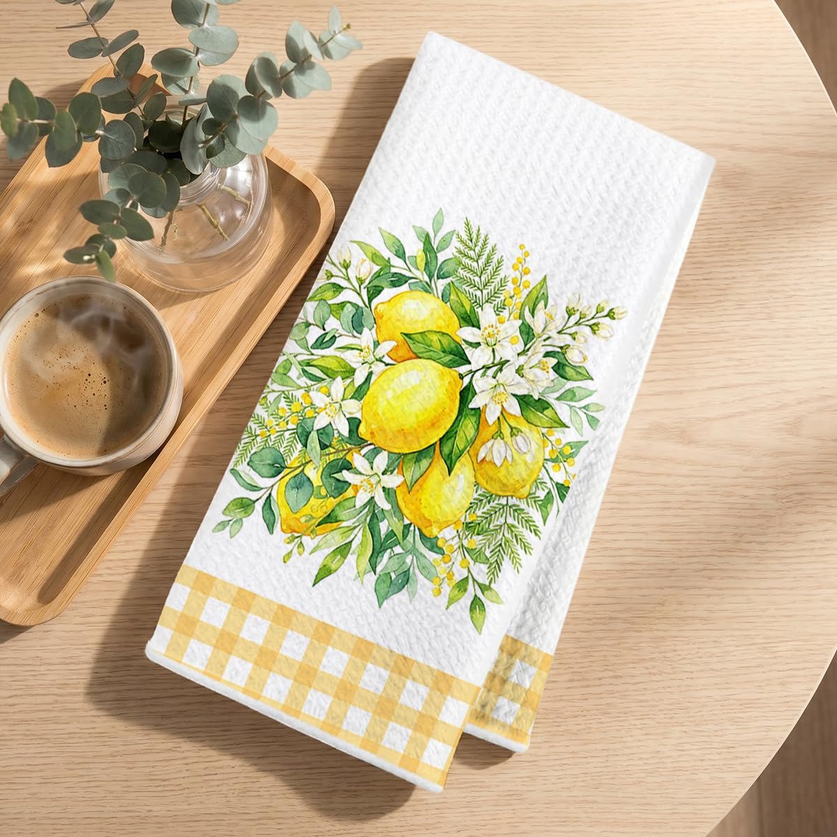 2 Pcs Summer Lemon Kitchen Towels 14x24 Inch, Lemon Floral Dish Towels Waffle Weave Hand Cloth Tea Towel for Home Kitchen Cooking Baking Bathroom Decor, Lemons Gifts for Women Me Mom