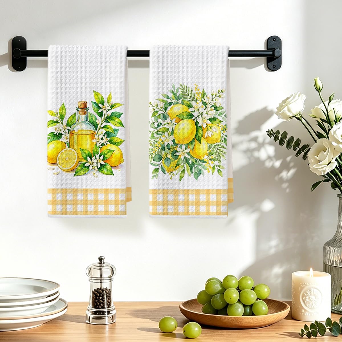 2 Pcs Summer Lemon Kitchen Towels 14x24 Inch, Lemon Floral Dish Towels Waffle Weave Hand Cloth Tea Towel for Home Kitchen Cooking Baking Bathroom Decor, Lemons Gifts for Women Me Mom