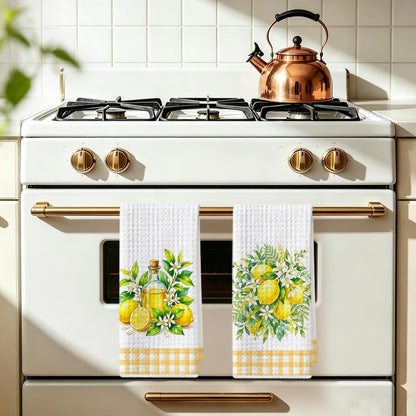 2 Pcs Summer Lemon Kitchen Towels 14x24 Inch, Lemon Floral Dish Towels Waffle Weave Hand Cloth Tea Towel for Home Kitchen Cooking Baking Bathroom Decor, Lemons Gifts for Women Me Mom