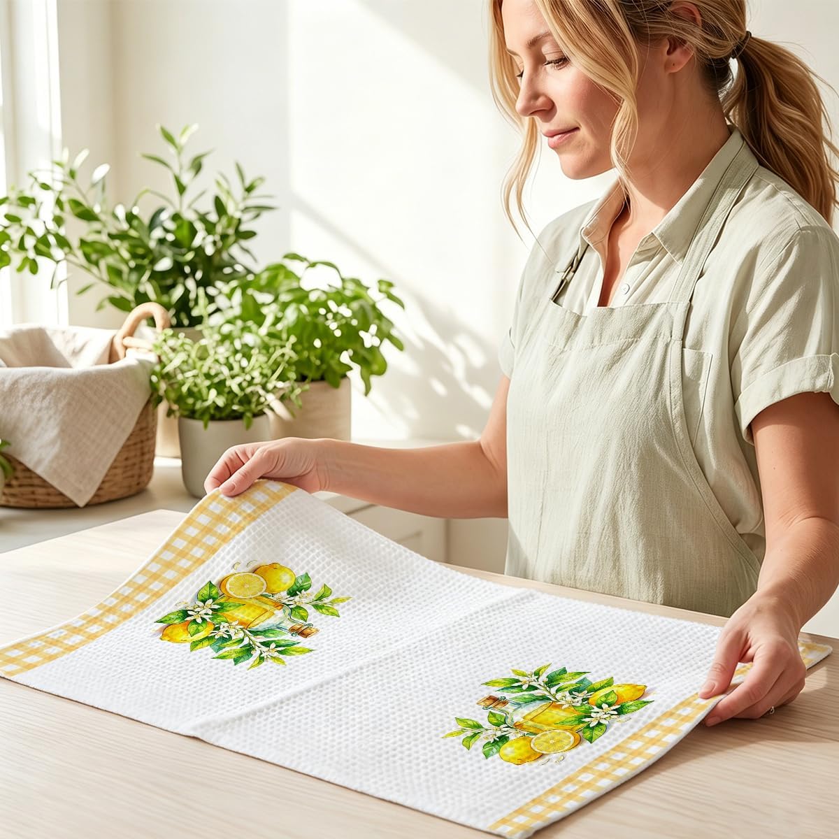 2 Pcs Summer Lemon Kitchen Towels 14x24 Inch, Lemon Floral Dish Towels Waffle Weave Hand Cloth Tea Towel for Home Kitchen Cooking Baking Bathroom Decor, Lemons Gifts for Women Me Mom