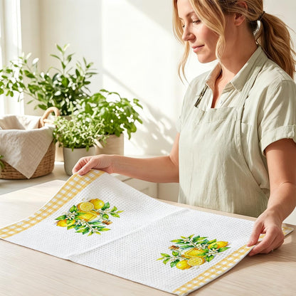 2 Pcs Summer Lemon Kitchen Towels 14x24 Inch, Lemon Floral Dish Towels Waffle Weave Hand Cloth Tea Towel for Home Kitchen Cooking Baking Bathroom Decor, Lemons Gifts for Women Me Mom
