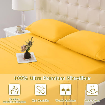 Twin Size Bed Sheet Set - 3 Piece Soft Microfiber Sheets with Deep Pockets, Cooling Technology, and Wrinkle-Free Pillowcase. Hotel-Quality, Durable Bedding, Spectra Yellow