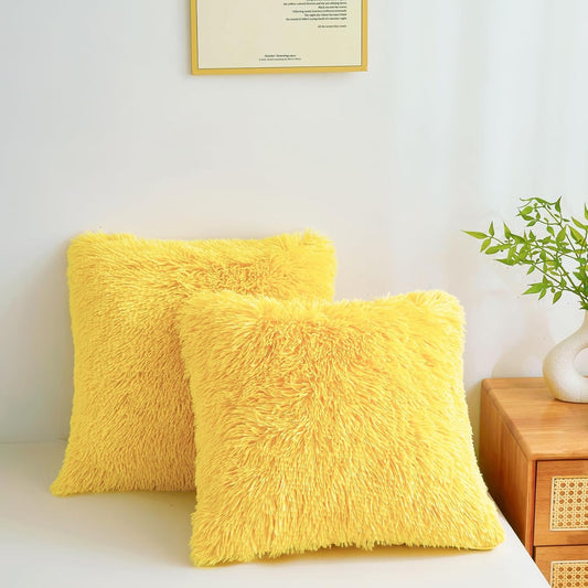 Fluffy Throw Pillow Covers Yellow 18"x18" Faux Fur Furry Cushion Covers Shaggy Plush Fuzzy Pillow Cases Decorative Pillow Shams with Zipper Set of 2 for Sofa Living Room Bedroom Interior