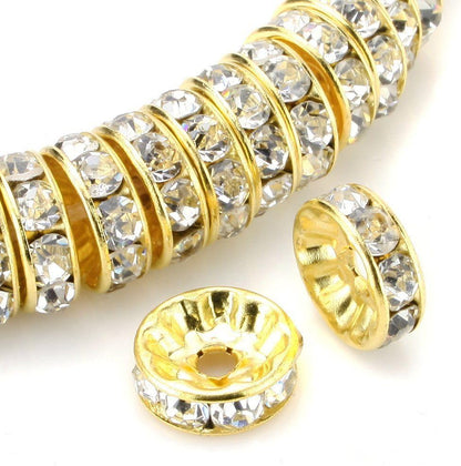 100pcs Adabele AAA 8mm Clear Rhinestone Gold Rondelle Beads | Premium, Sparkle Crystal Rhinestone, 18K Yellow Gold Plated Wheel Rondelle Spacers Craft Jewelry Making Beadwork Separations