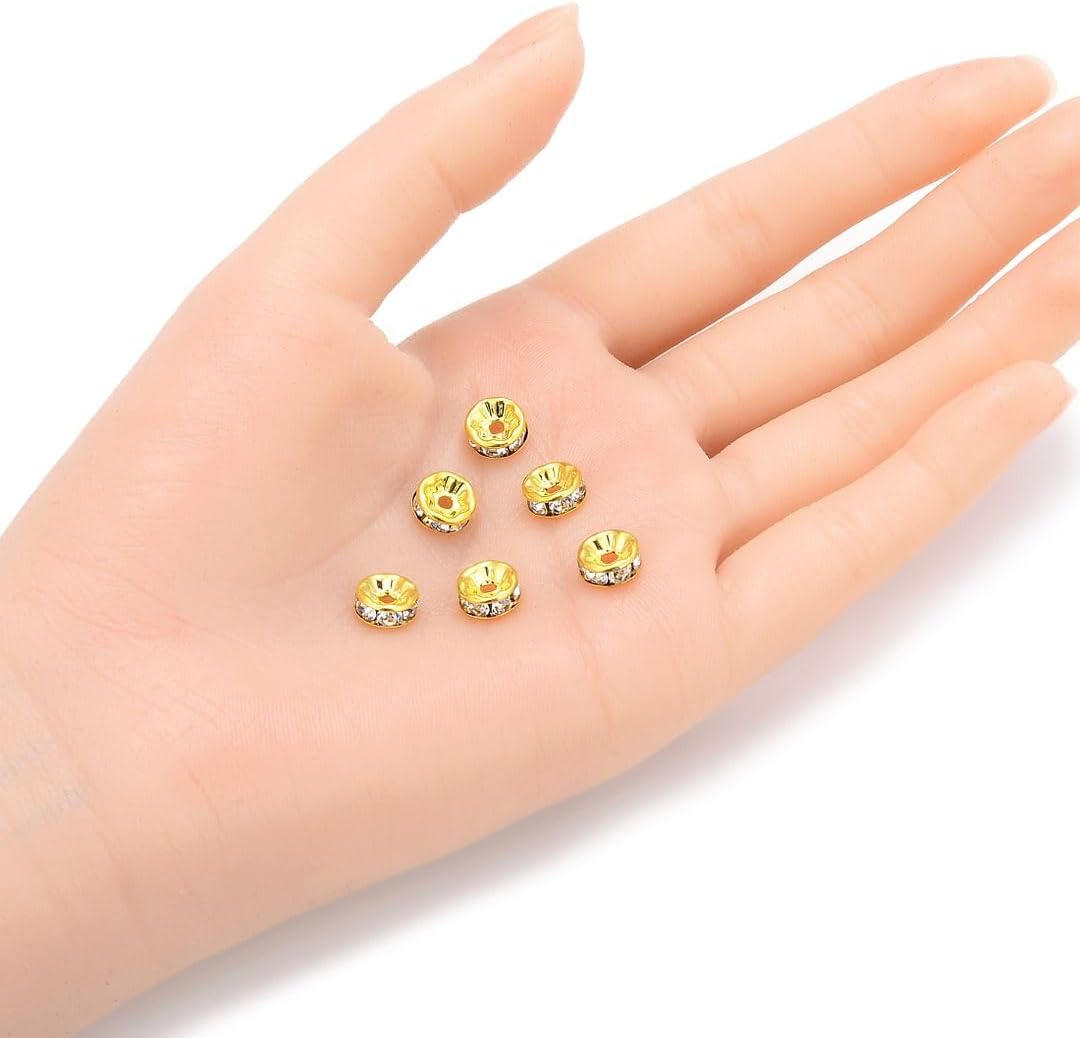 100pcs Adabele AAA 8mm Clear Rhinestone Gold Rondelle Beads | Premium, Sparkle Crystal Rhinestone, 18K Yellow Gold Plated Wheel Rondelle Spacers Craft Jewelry Making Beadwork Separations