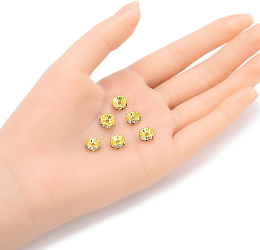 100pcs Adabele AAA 8mm Clear Rhinestone Gold Rondelle Beads | Premium, Sparkle Crystal Rhinestone, 18K Yellow Gold Plated Wheel Rondelle Spacers Craft Jewelry Making Beadwork Separations