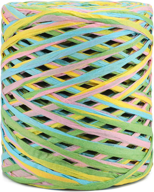 394 Feet Raffia Paper Ribbon, Colored Christmas Packing Paper String | 4 Colored for Gift Wrapping, DIY Decoration, Craft, Birthday Party, Easter and Holiday (Green, Yellow, Blue, Pink)
