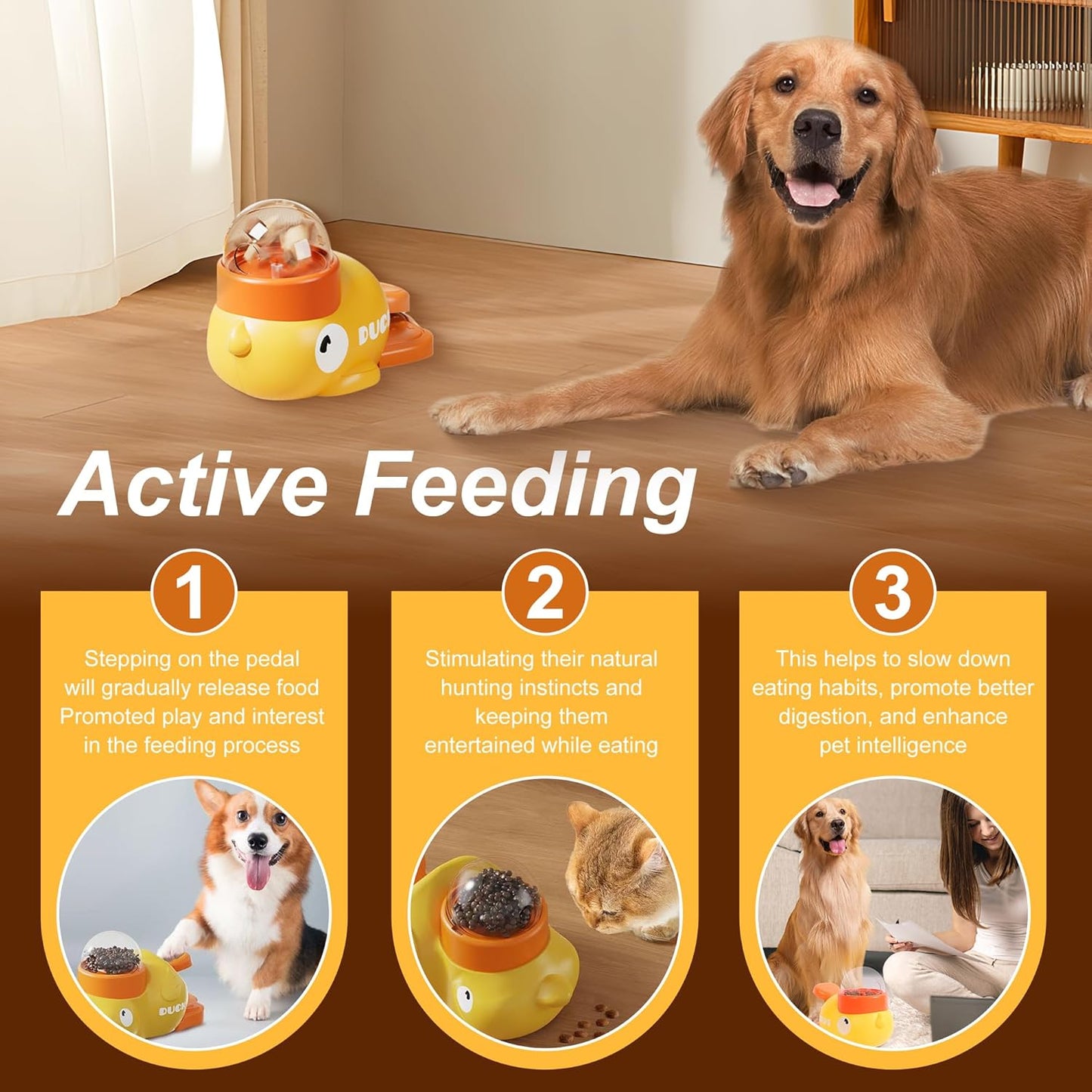 Duck Treat Dispenser,Automatic Cartoon Feeder,Interactive Dog Slow Feeder Puzzle Toy,for Healthy Eating for Dogs and Cats (Yellow)