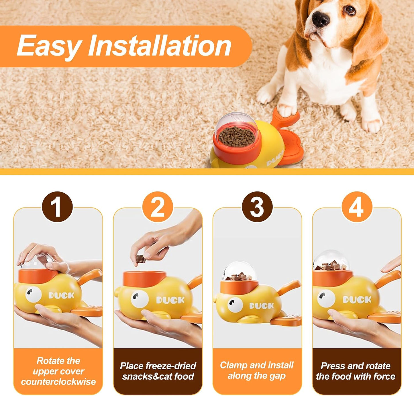 Duck Treat Dispenser,Automatic Cartoon Feeder,Interactive Dog Slow Feeder Puzzle Toy,for Healthy Eating for Dogs and Cats (Yellow)