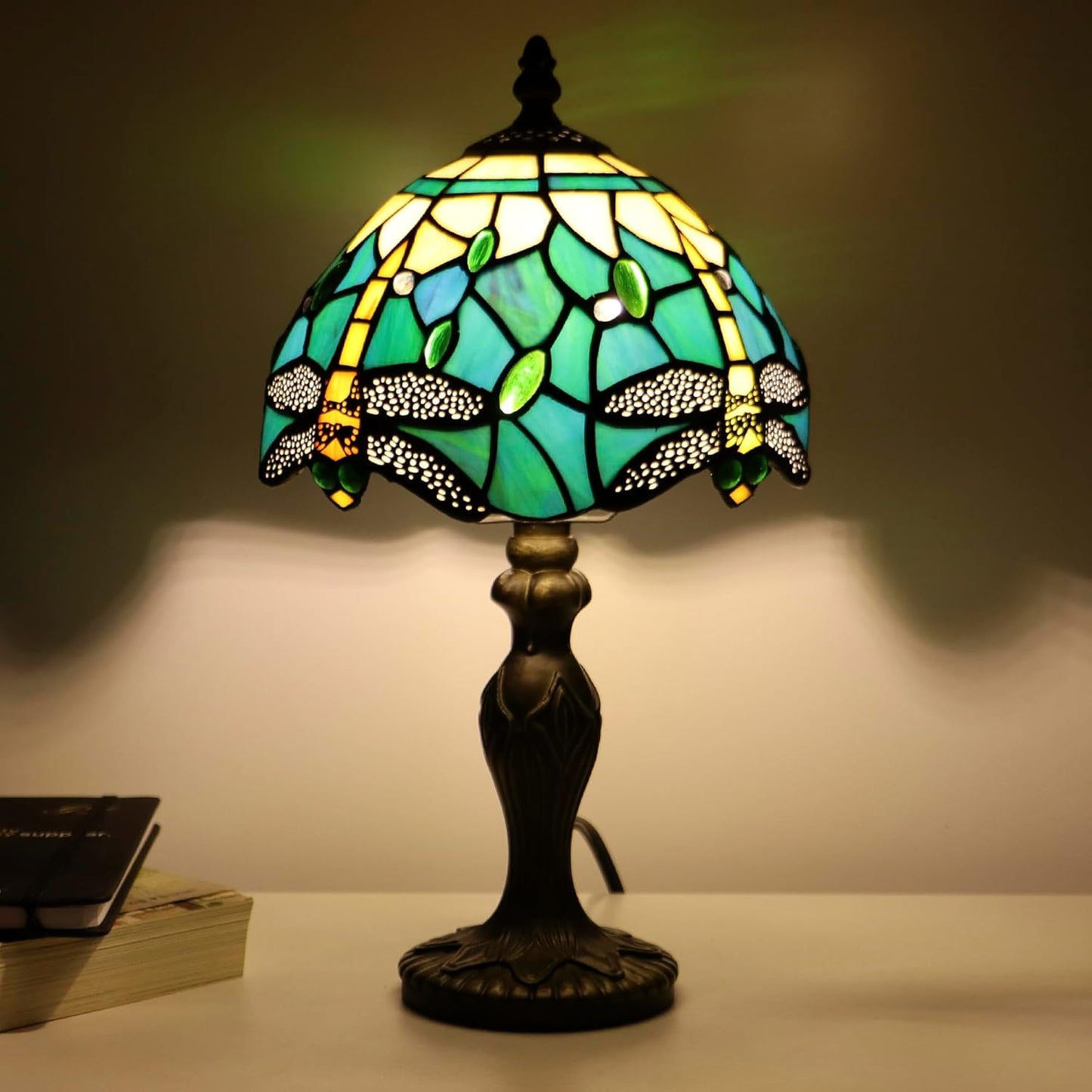 Tiffany Table Lamp Dragonfly Style Blue Yellow Stained Glass Accent Lamp Bronze Resin Base 8X8X14 Inch