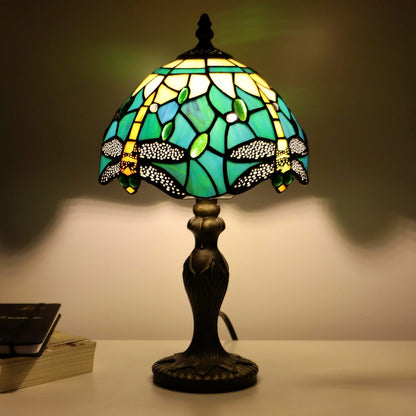 Tiffany Table Lamp Dragonfly Style Blue Yellow Stained Glass Accent Lamp Bronze Resin Base 8X8X14 Inch