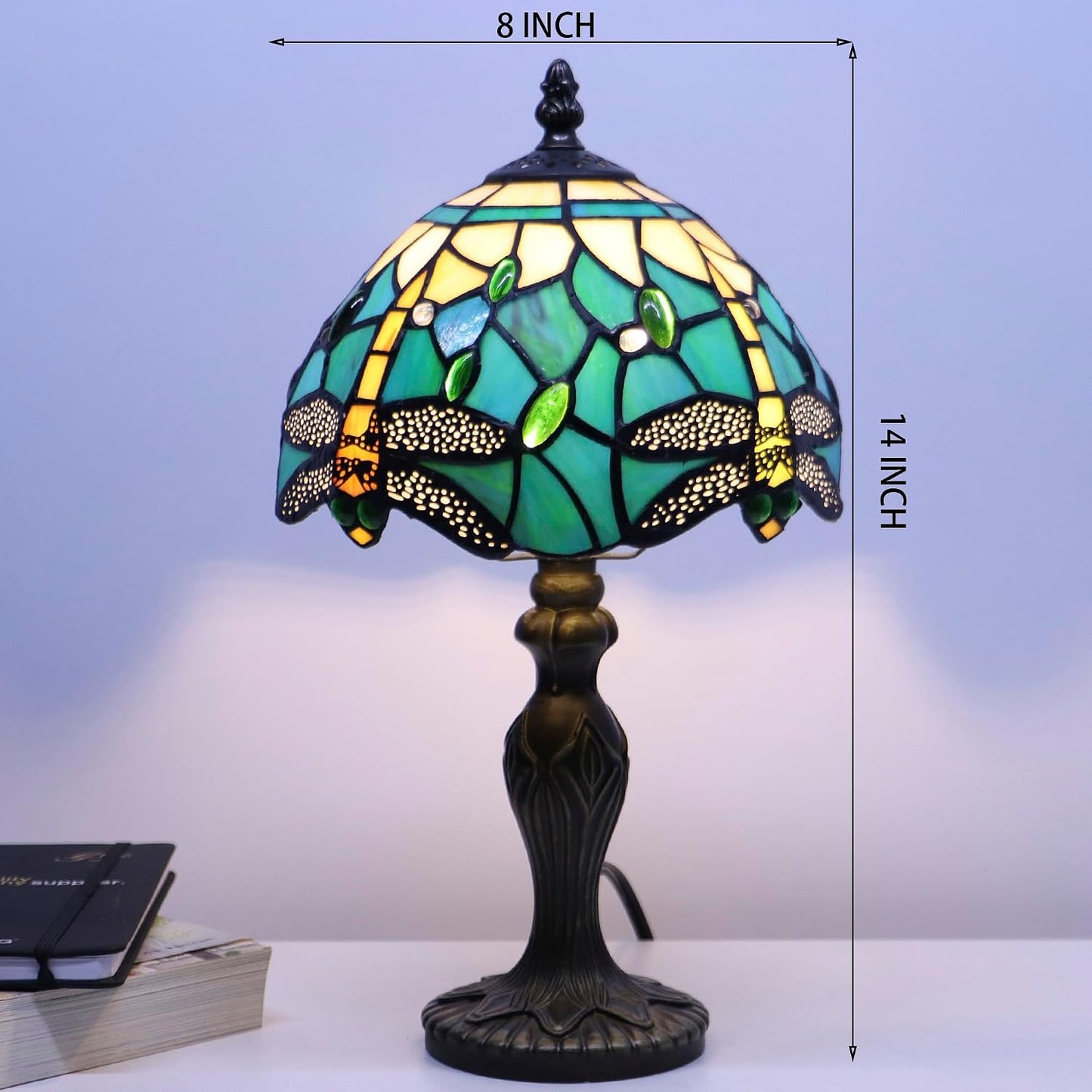 Tiffany Table Lamp Dragonfly Style Blue Yellow Stained Glass Accent Lamp Bronze Resin Base 8X8X14 Inch