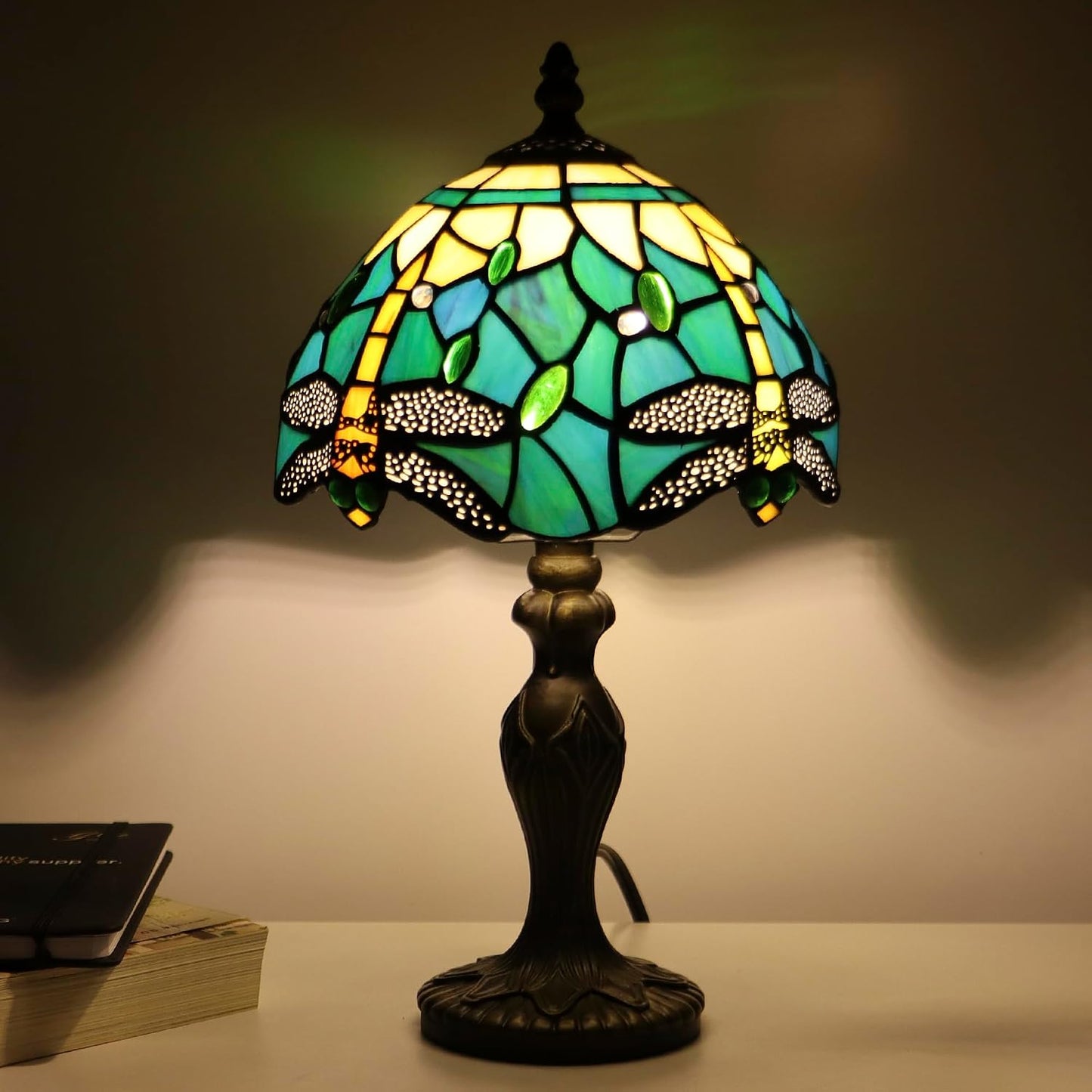 Tiffany Table Lamp Dragonfly Style Blue Yellow Stained Glass Accent Lamp Bronze Resin Base 8X8X14 Inch