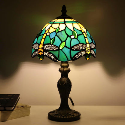 Tiffany Table Lamp Dragonfly Style Blue Yellow Stained Glass Accent Lamp Bronze Resin Base 8X8X14 Inch