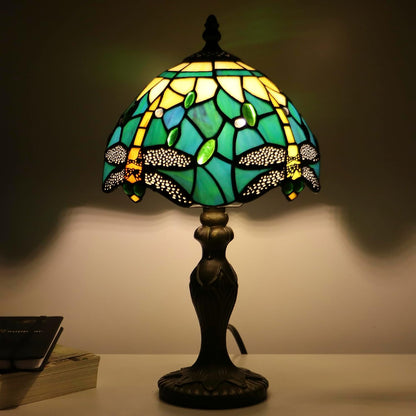 Tiffany Table Lamp Dragonfly Style Blue Yellow Stained Glass Accent Lamp Bronze Resin Base 8X8X14 Inch