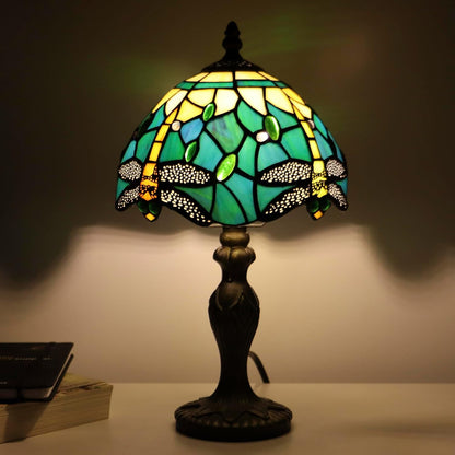 Tiffany Table Lamp Dragonfly Style Blue Yellow Stained Glass Accent Lamp Bronze Resin Base 8X8X14 Inch