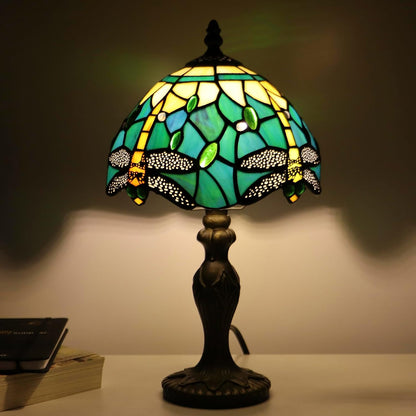 Tiffany Table Lamp Dragonfly Style Blue Yellow Stained Glass Accent Lamp Bronze Resin Base 8X8X14 Inch
