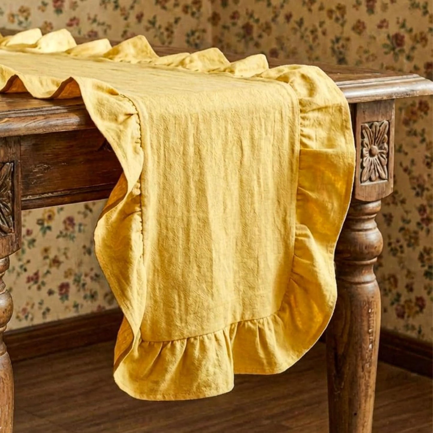 Yellow Ruffled Table Runner 72 inch Scalloped Table Runner Cotton Flounces Washable Shabby Farmhouse Rustic Home Kitchen Decoration for Wedding Rectangle Bride Shower Christmas Party