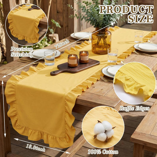 Yellow Ruffled Table Runner 72 inch Scalloped Table Runner Cotton Flounces Washable Shabby Farmhouse Rustic Home Kitchen Decoration for Wedding Rectangle Bride Shower Christmas Party