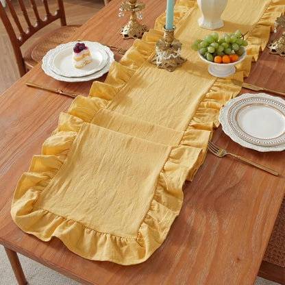 Yellow Ruffled Table Runner 72 inch Scalloped Table Runner Cotton Flounces Washable Shabby Farmhouse Rustic Home Kitchen Decoration for Wedding Rectangle Bride Shower Christmas Party