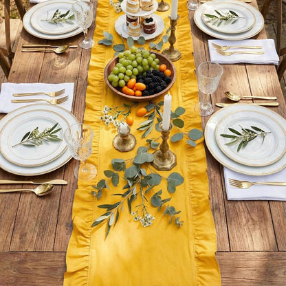 Yellow Ruffled Table Runner 72 inch Scalloped Table Runner Cotton Flounces Washable Shabby Farmhouse Rustic Home Kitchen Decoration for Wedding Rectangle Bride Shower Christmas Party