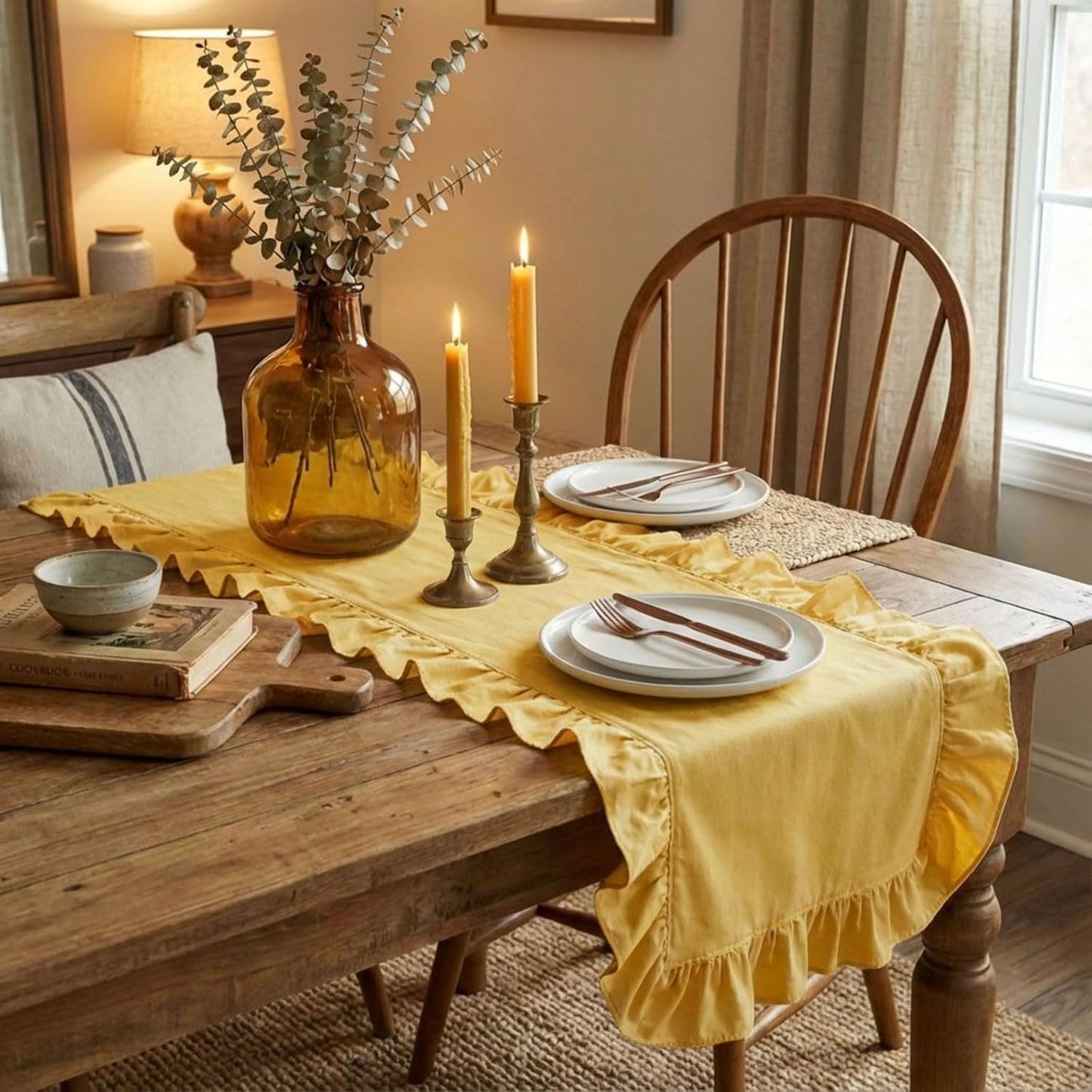Yellow Ruffled Table Runner 72 inch Scalloped Table Runner Cotton Flounces Washable Shabby Farmhouse Rustic Home Kitchen Decoration for Wedding Rectangle Bride Shower Christmas Party