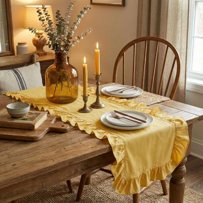 Yellow Ruffled Table Runner 72 inch Scalloped Table Runner Cotton Flounces Washable Shabby Farmhouse Rustic Home Kitchen Decoration for Wedding Rectangle Bride Shower Christmas Party
