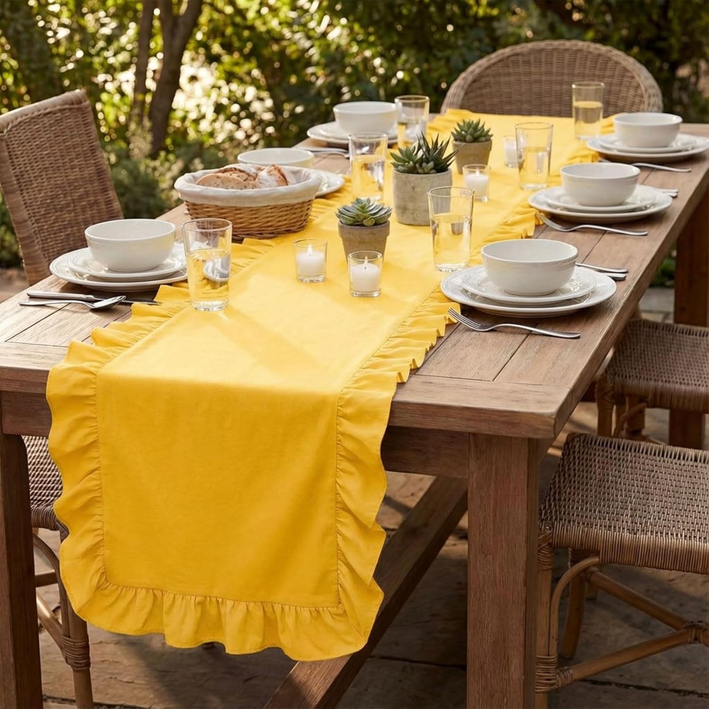 Yellow Ruffled Table Runner 72 inch Scalloped Table Runner Cotton Flounces Washable Shabby Farmhouse Rustic Home Kitchen Decoration for Wedding Rectangle Bride Shower Christmas Party