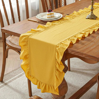Yellow Ruffled Table Runner 72 inch Scalloped Table Runner Cotton Flounces Washable Shabby Farmhouse Rustic Home Kitchen Decoration for Wedding Rectangle Bride Shower Christmas Party