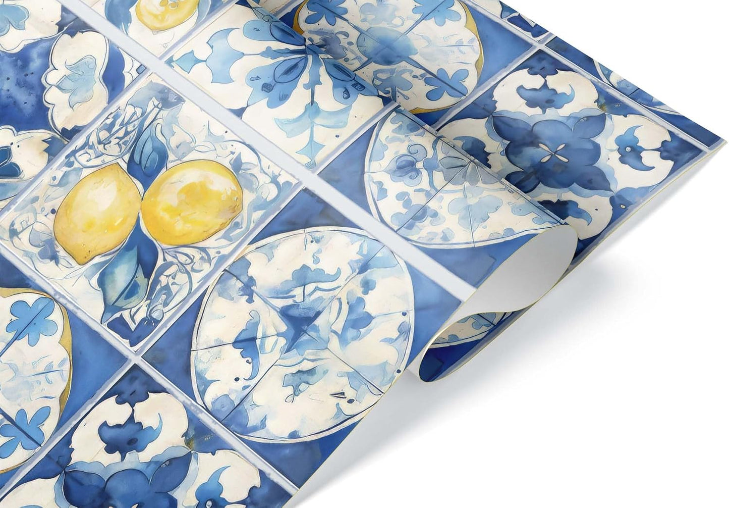 Amalfi Coast Wrapping Paper – Mediterranean Gift Wrap with Lemons, Florals & Tiles – Elegant for Weddings, Bridal Showers, Baby Showers, Engagements & Housewarmings (Blue Tile, 6 foot x 29 inch roll)
