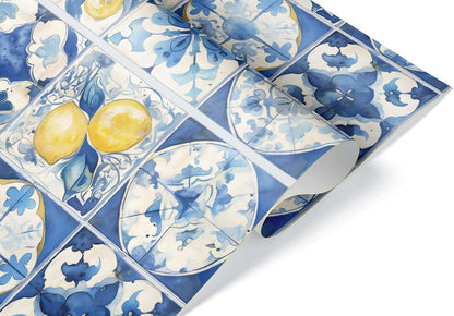 Amalfi Coast Wrapping Paper – Mediterranean Gift Wrap with Lemons, Florals & Tiles – Elegant for Weddings, Bridal Showers, Baby Showers, Engagements & Housewarmings (Blue Tile, 6 foot x 29 inch roll)