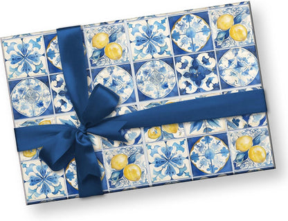 Amalfi Coast Wrapping Paper – Mediterranean Gift Wrap with Lemons, Florals & Tiles – Elegant for Weddings, Bridal Showers, Baby Showers, Engagements & Housewarmings (Blue Tile, 6 foot x 29 inch roll)